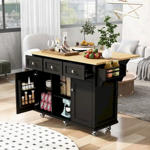 Isla de cocina con encimera de madera de caucho abatible de 53 pulgadas sobre 5 ruedas con armario de almacenamiento y 3 cajones - 53