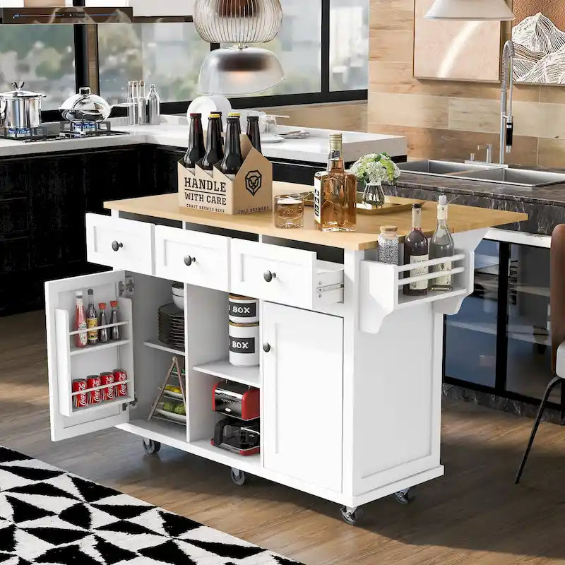 Isla de cocina con encimera de madera de caucho abatible de 53 pulgadas sobre 5 ruedas con armario de almacenamiento y 3 cajones - 53
