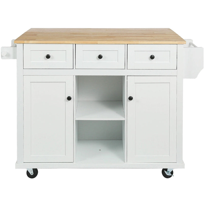 Isla de cocina con encimera de madera de caucho abatible de 53 pulgadas sobre 5 ruedas con armario de almacenamiento y 3 cajones - 53