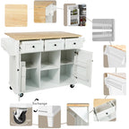 Isla de cocina con encimera de madera de caucho abatible de 53 pulgadas sobre 5 ruedas con armario de almacenamiento y 3 cajones - 53