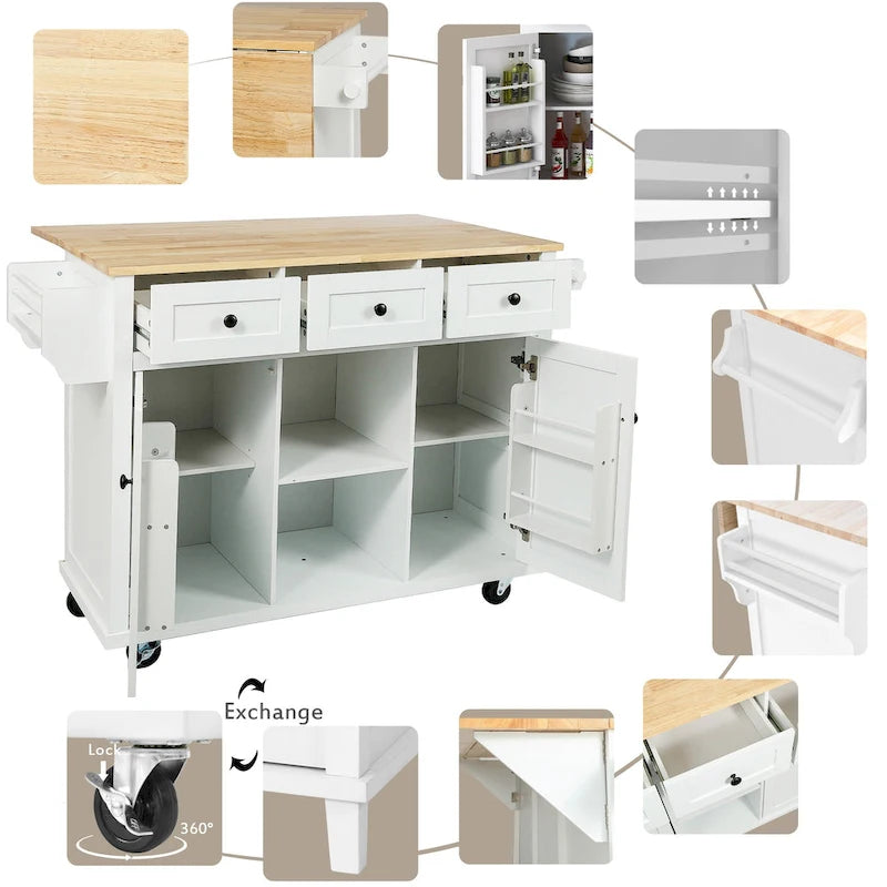 Isla de cocina con encimera de madera de caucho abatible de 53 pulgadas sobre 5 ruedas con armario de almacenamiento y 3 cajones - 53