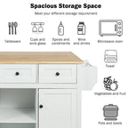 Isla de cocina con encimera de madera de caucho abatible de 53 pulgadas sobre 5 ruedas con armario de almacenamiento y 3 cajones - 53