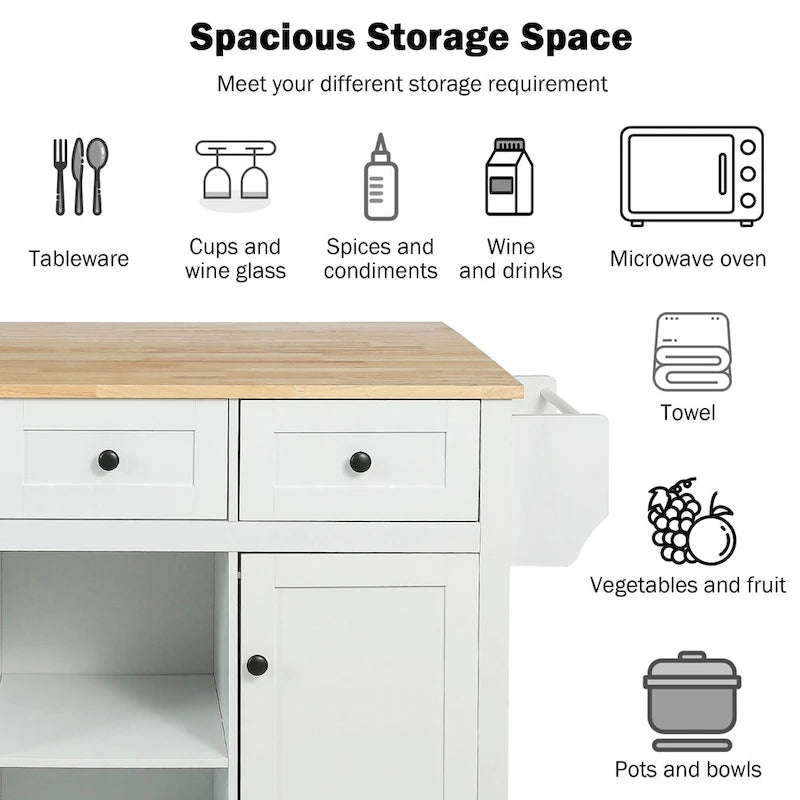 Isla de cocina con encimera de madera de caucho abatible de 53 pulgadas sobre 5 ruedas con armario de almacenamiento y 3 cajones - 53