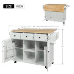 Isla de cocina con encimera de madera de caucho abatible de 53 pulgadas sobre 5 ruedas con armario de almacenamiento y 3 cajones - 53