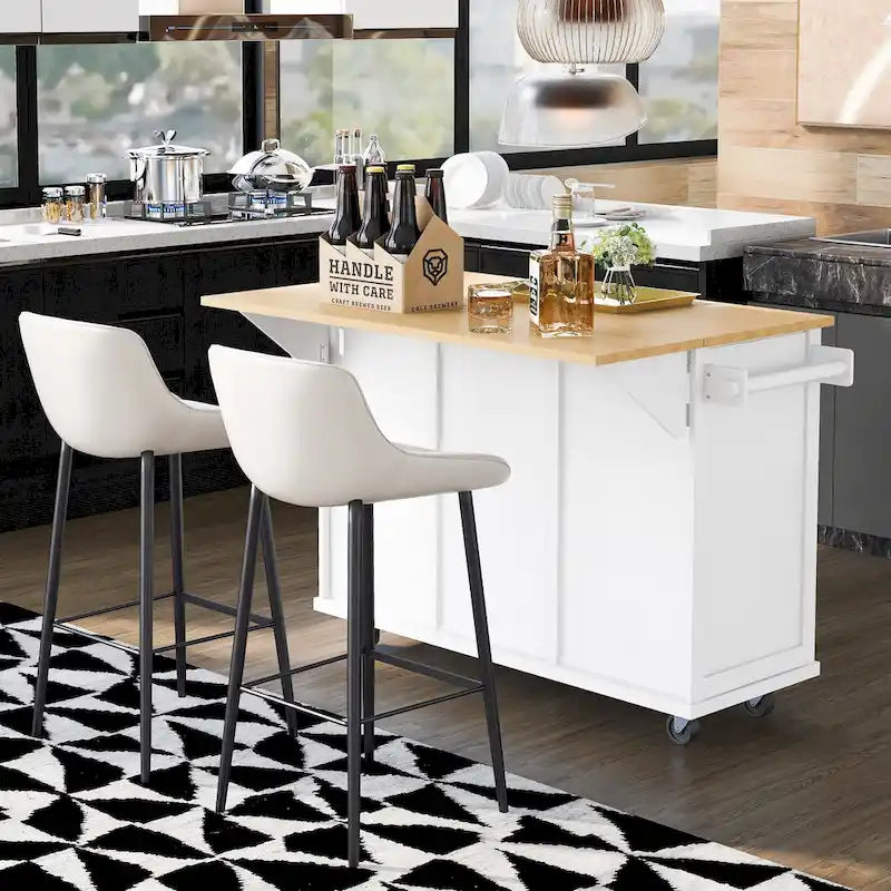 Isla de cocina con encimera de madera de caucho abatible de 53 pulgadas sobre 5 ruedas con armario de almacenamiento y 3 cajones - 53