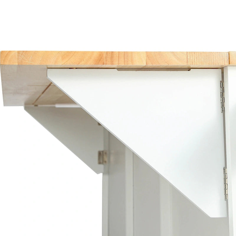 Isla de cocina con encimera de madera de caucho abatible de 53 pulgadas sobre 5 ruedas con armario de almacenamiento y 3 cajones - 53