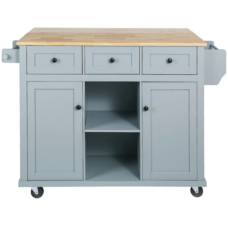 Isla de cocina con encimera de madera de caucho abatible de 53 pulgadas sobre 5 ruedas con armario de almacenamiento y 3 cajones - 53