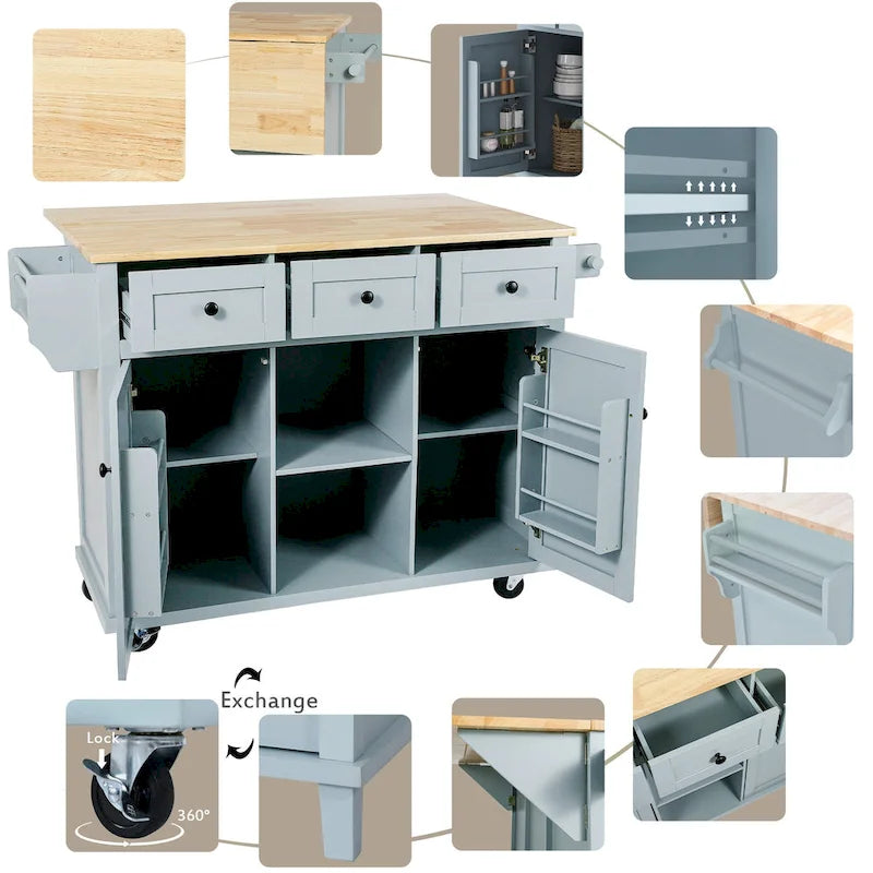 Isla de cocina con encimera de madera de caucho abatible de 53 pulgadas sobre 5 ruedas con armario de almacenamiento y 3 cajones - 53