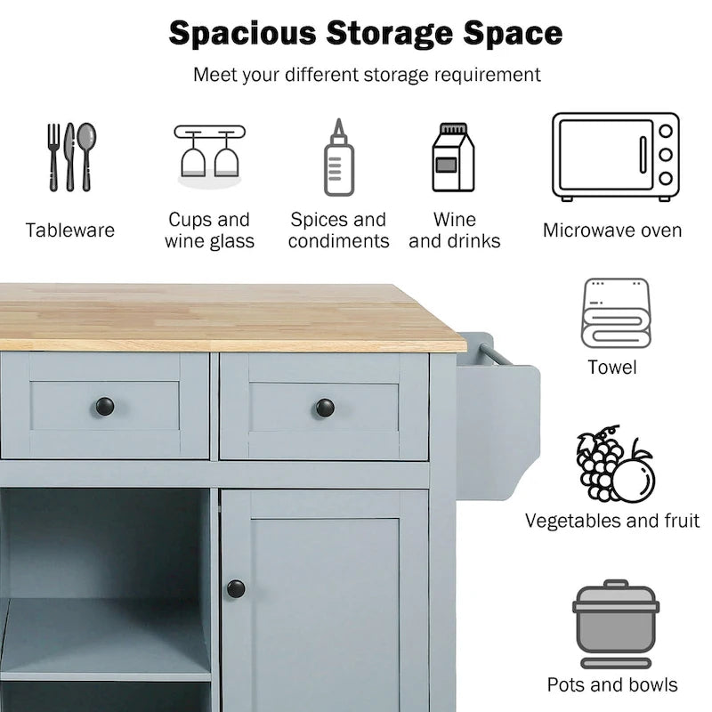 Isla de cocina con encimera de madera de caucho abatible de 53 pulgadas sobre 5 ruedas con armario de almacenamiento y 3 cajones - 53