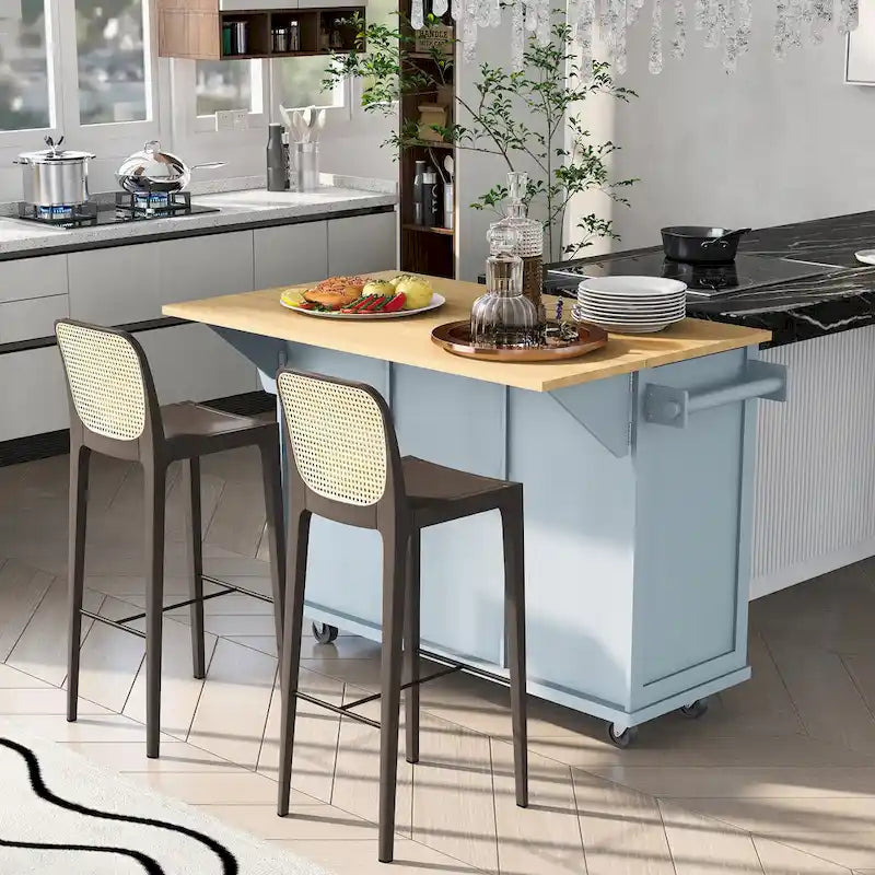 Isla de cocina con encimera de madera de caucho abatible de 53 pulgadas sobre 5 ruedas con armario de almacenamiento y 3 cajones - 53