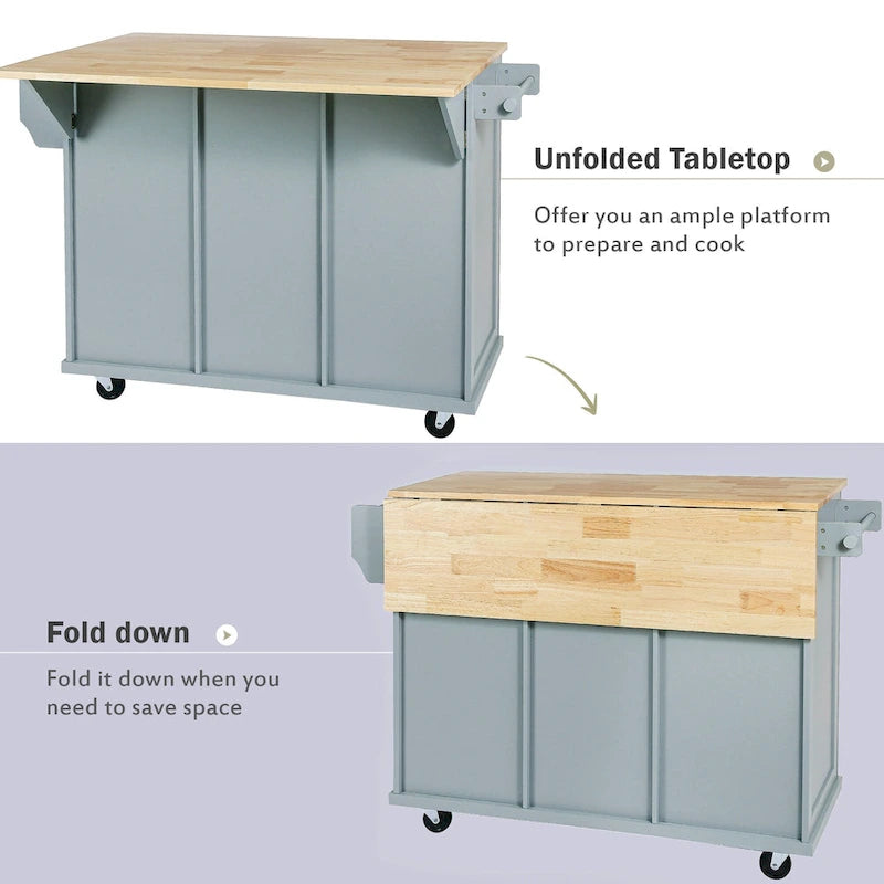 Isla de cocina con encimera de madera de caucho abatible de 53 pulgadas sobre 5 ruedas con armario de almacenamiento y 3 cajones - 53