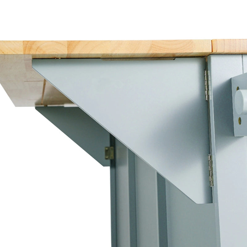 Isla de cocina con encimera de madera de caucho abatible de 53 pulgadas sobre 5 ruedas con armario de almacenamiento y 3 cajones - 53