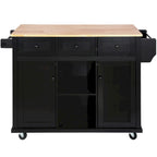 Isla de cocina con encimera de madera de caucho abatible de 53 pulgadas sobre 5 ruedas con armario de almacenamiento y 3 cajones - 53