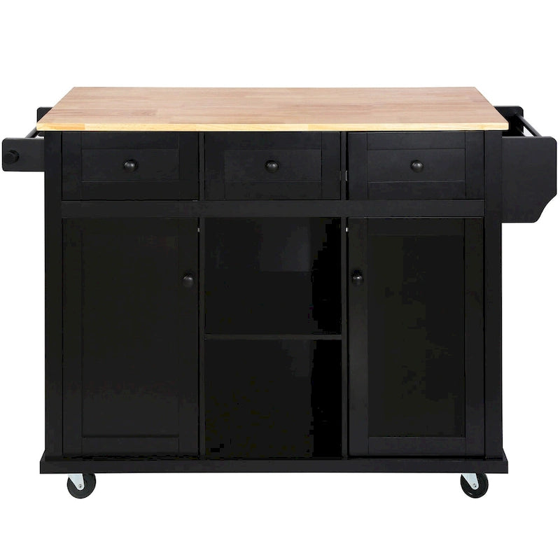 Isla de cocina con encimera de madera de caucho abatible de 53 pulgadas sobre 5 ruedas con armario de almacenamiento y 3 cajones - 53
