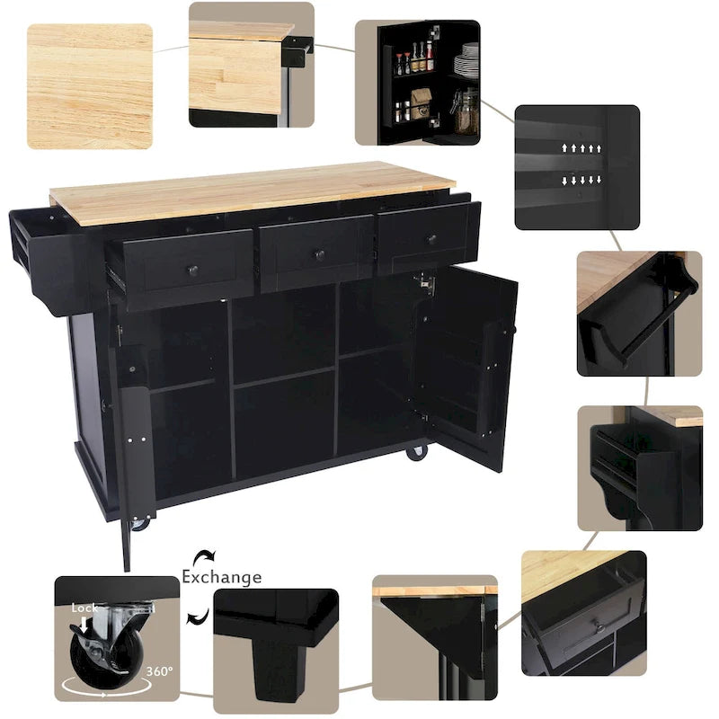 Isla de cocina con encimera de madera de caucho abatible de 53 pulgadas sobre 5 ruedas con armario de almacenamiento y 3 cajones - 53