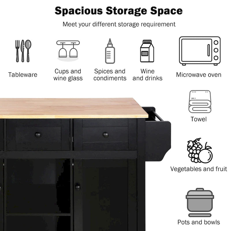 Isla de cocina con encimera de madera de caucho abatible de 53 pulgadas sobre 5 ruedas con armario de almacenamiento y 3 cajones - 53