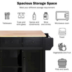 Isla de cocina con encimera de madera de caucho abatible de 53 pulgadas sobre 5 ruedas con armario de almacenamiento y 3 cajones - 53
