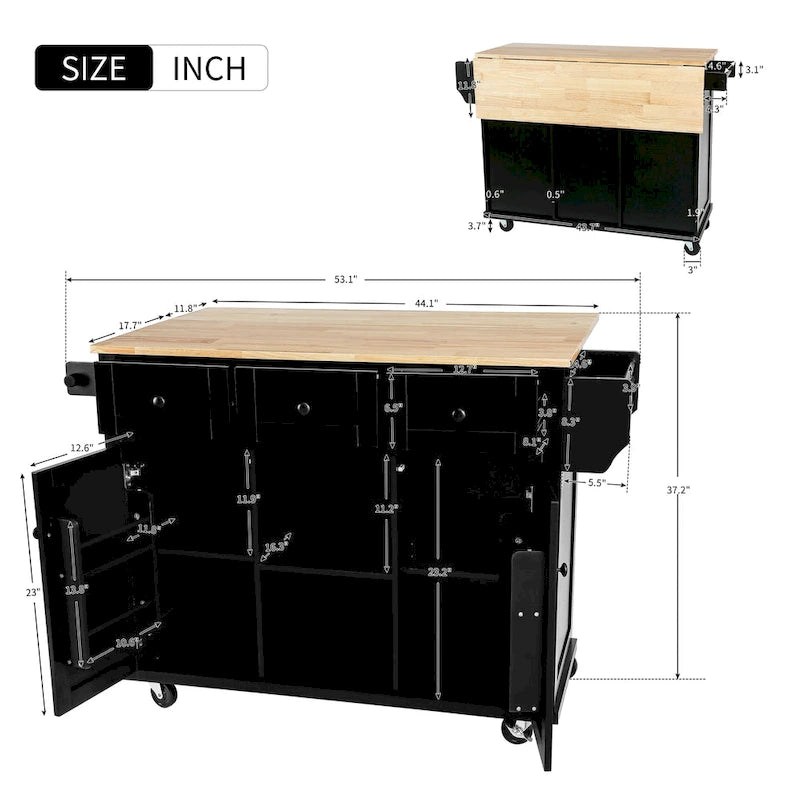 Isla de cocina con encimera de madera de caucho abatible de 53 pulgadas sobre 5 ruedas con armario de almacenamiento y 3 cajones - 53