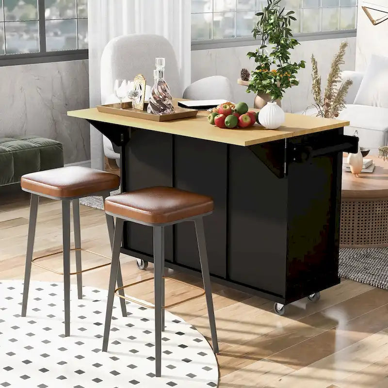 Isla de cocina con encimera de madera de caucho abatible de 53 pulgadas sobre 5 ruedas con armario de almacenamiento y 3 cajones - 53
