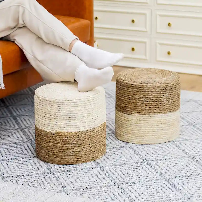 Puf de totora tejido a mano de varios/natural y beige, juego de 2