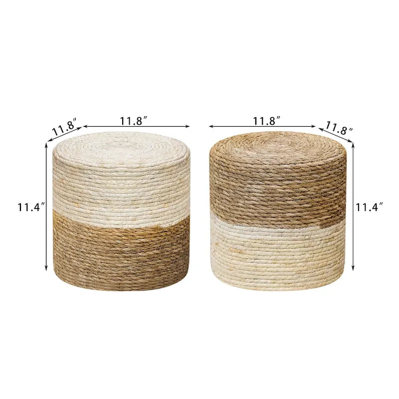 Puf de totora tejido a mano de varios/natural y beige, juego de 2