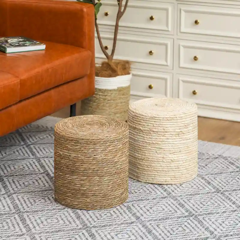 Puf de totora tejido a mano de varios/natural y beige, juego de 2