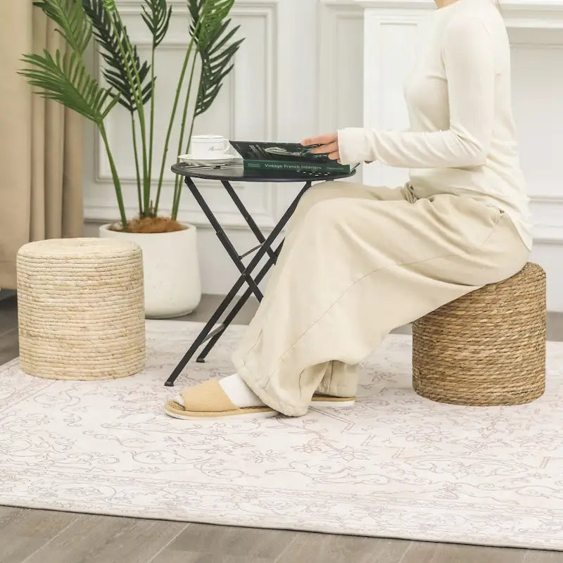 Puf de totora tejido a mano de varios/natural y beige, juego de 2