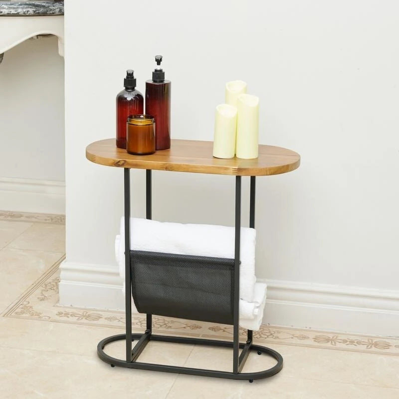 Mesa auxiliar ovalada negra y marrón, con superficie de vidrio/madera, juego de 2, con organizador de almacenamiento