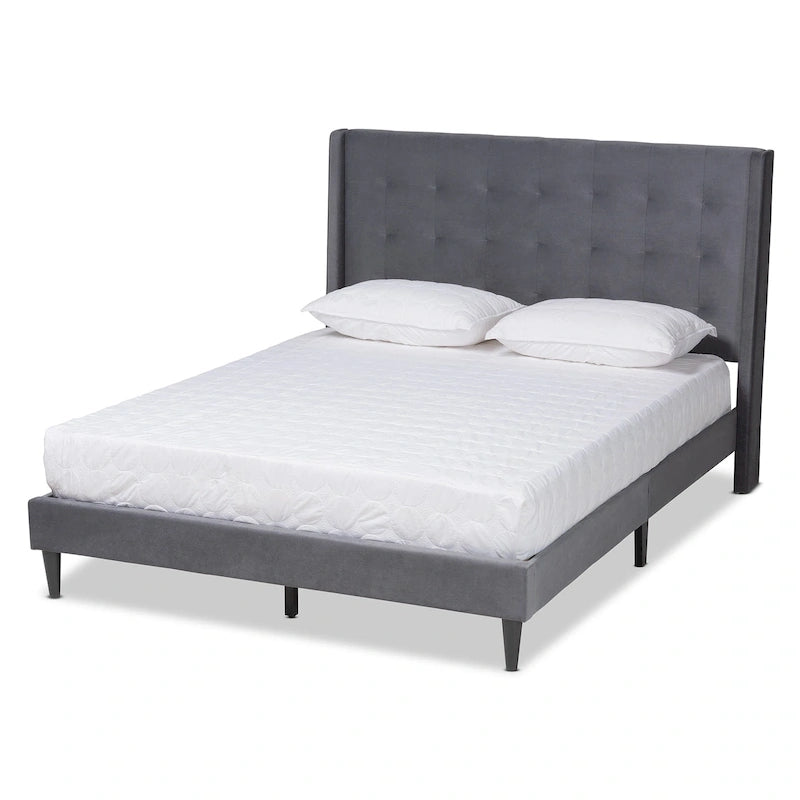 Cama de plataforma moderna con respaldo de ala de terciopelo azul marino/gris, Queen y King, para 2 personas