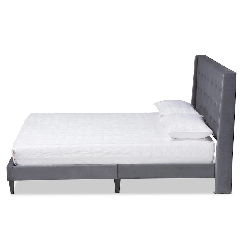 Cama de plataforma moderna con respaldo de ala de terciopelo azul marino/gris, Queen y King, para 2 personas