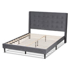 Cama de plataforma moderna con respaldo de ala de terciopelo azul marino/gris, Queen y King, para 2 personas