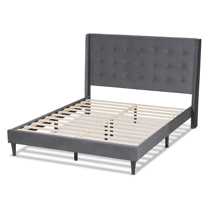 Cama de plataforma moderna con respaldo de ala de terciopelo azul marino/gris, Queen y King, para 2 personas