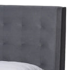 Cama de plataforma moderna con respaldo de ala de terciopelo azul marino/gris, Queen y King, para 2 personas