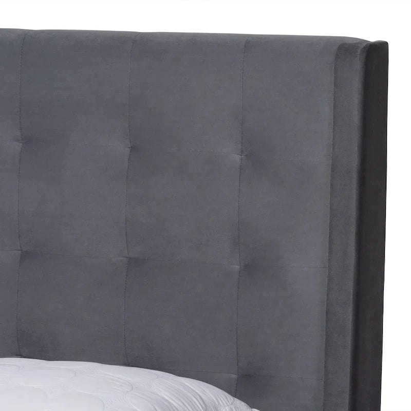 Cama de plataforma moderna con respaldo de ala de terciopelo azul marino/gris, Queen y King, para 2 personas