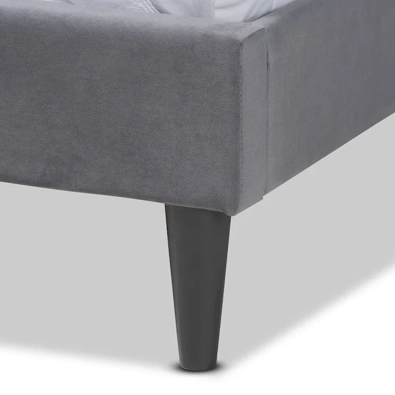 Cama de plataforma moderna con respaldo de ala de terciopelo azul marino/gris, Queen y King, para 2 personas