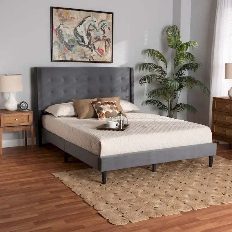Cama de plataforma moderna con respaldo de ala de terciopelo azul marino/gris, Queen y King, para 2 personas