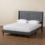 Cama de plataforma moderna con respaldo de ala de terciopelo azul marino/gris, Queen y King, para 2 personas