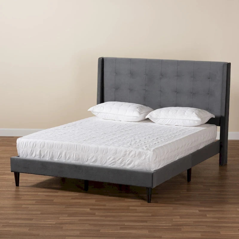 Cama de plataforma moderna con respaldo de ala de terciopelo azul marino/gris, Queen y King, para 2 personas