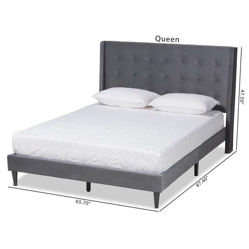 Cama de plataforma moderna con respaldo de ala de terciopelo azul marino/gris, Queen y King, para 2 personas