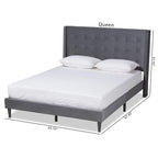 Cama de plataforma moderna con respaldo de ala de terciopelo azul marino/gris, Queen y King, para 2 personas