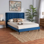 Cama de plataforma moderna con respaldo de ala de terciopelo azul marino/gris, Queen y King, para 2 personas