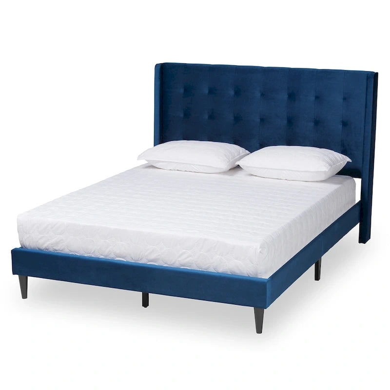 Cama de plataforma moderna con respaldo de ala de terciopelo azul marino/gris, Queen y King, para 2 personas