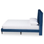 Cama de plataforma moderna con respaldo de ala de terciopelo azul marino/gris, Queen y King, para 2 personas
