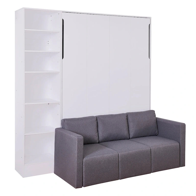 Cama Murphy Blanca con Sofá y Estanterías, Matrimonial, Duermen 1–2