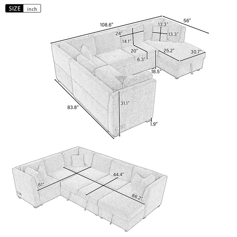 Sofá seccional cama gris en forma de U con almacenamiento, puertos USB y cojines traseros – Capacidad para más de 6 personas