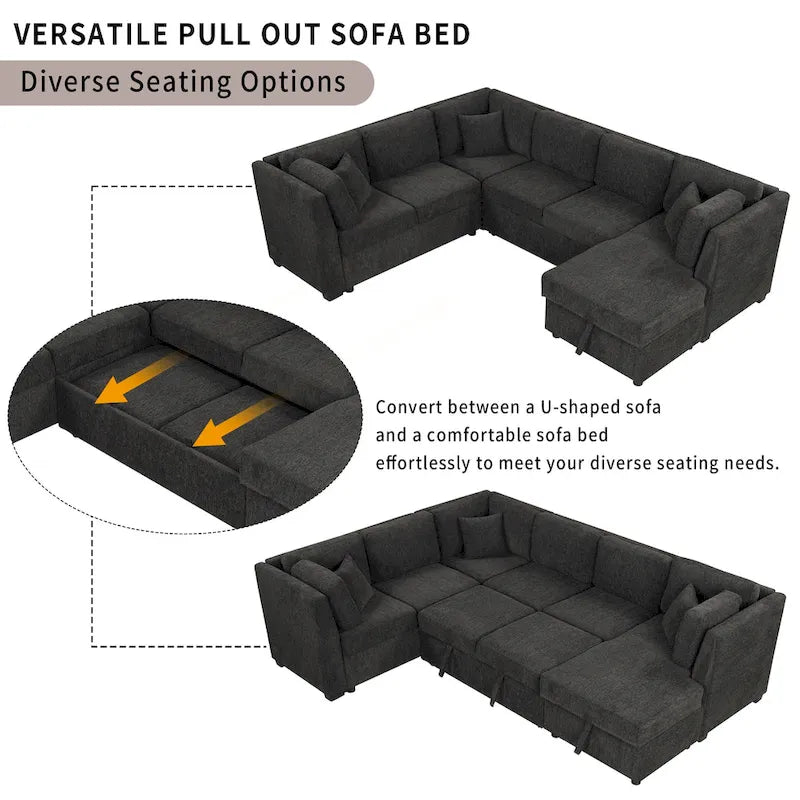 Sofá seccional cama gris en forma de U con almacenamiento, puertos USB y cojines traseros – Capacidad para más de 6 personas