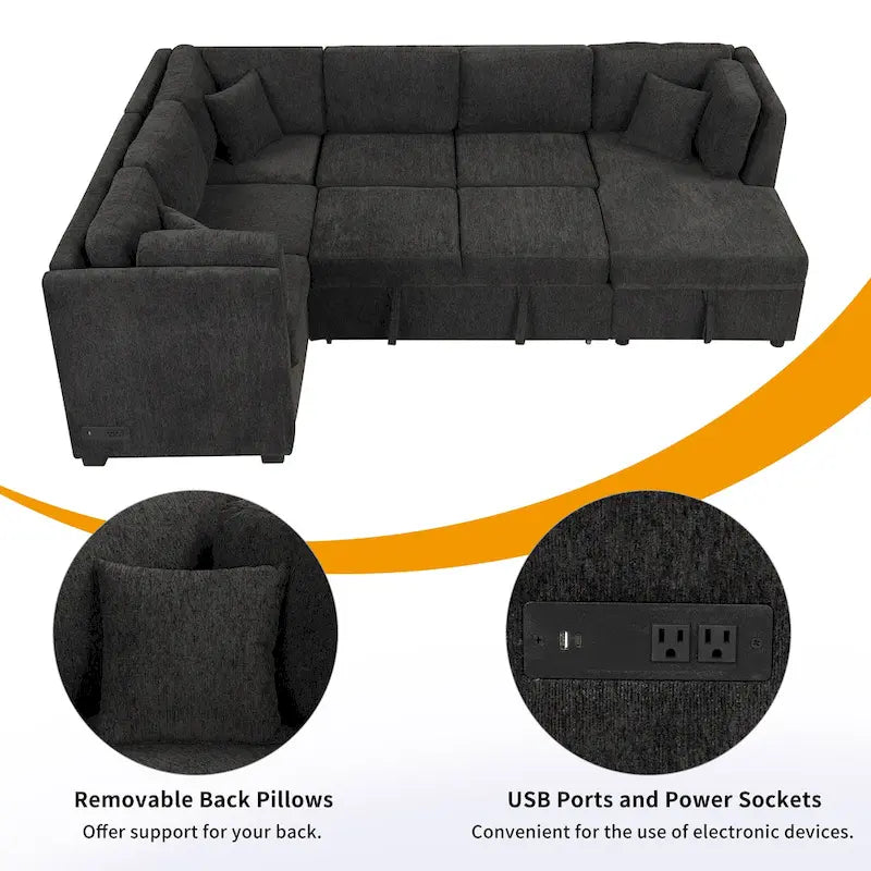 Sofá seccional cama gris en forma de U con almacenamiento, puertos USB y cojines traseros – Capacidad para más de 6 personas