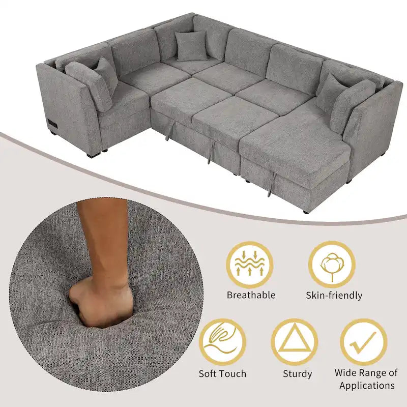 Sofá seccional cama gris en forma de U con almacenamiento, puertos USB y cojines traseros – Capacidad para más de 6 personas