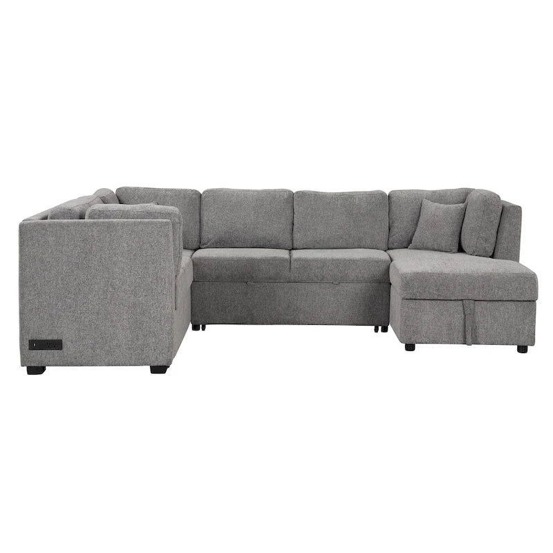 Sofá seccional cama gris en forma de U con almacenamiento, puertos USB y cojines traseros – Capacidad para más de 6 personas