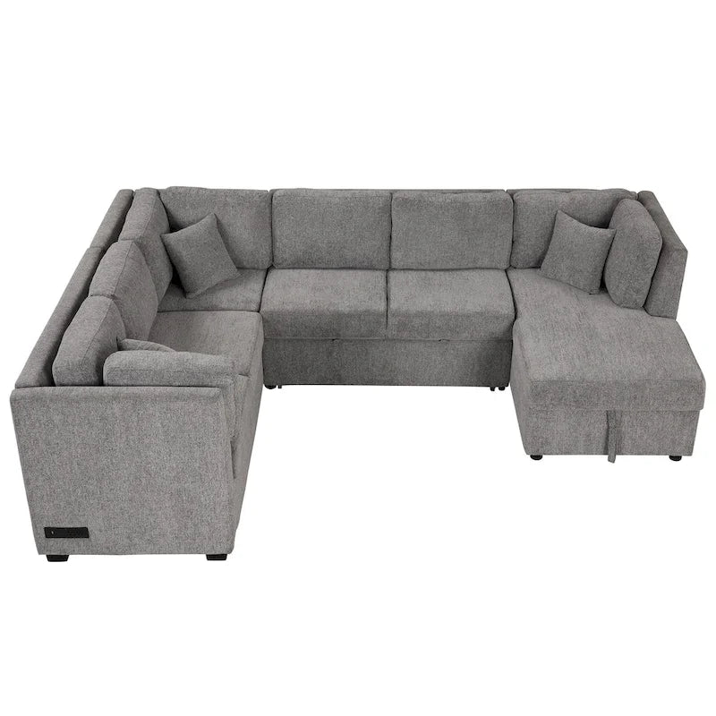 Sofá seccional cama gris en forma de U con almacenamiento, puertos USB y cojines traseros – Capacidad para más de 6 personas